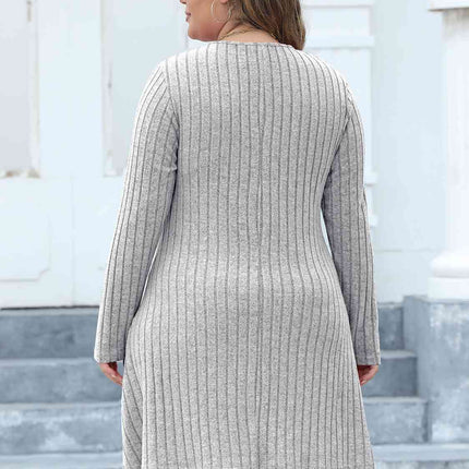 Plus Size Ribbed Buttoned V-Neck Long Sleeve Dress