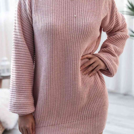 Rib-Knit Balloon Sleeve Boat Neck Sweater Dress