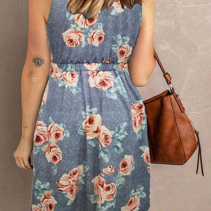 Double Take Printed Scoop Neck Sleeveless Buttoned Magic Dress with Pockets