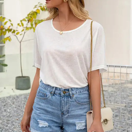 Women's Simple Sexy Hollow Lace Stitching Round Neck Short Sleeve T-shirt