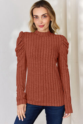 Basic Bae Full Size Ribbed Mock Neck Puff Sleeve T-Shirt - Vickie Lynn's