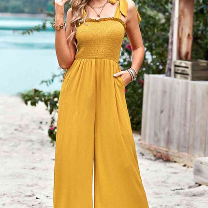 Frill Trim Tie Shoulder Wide Leg Jumpsuit with Pockets