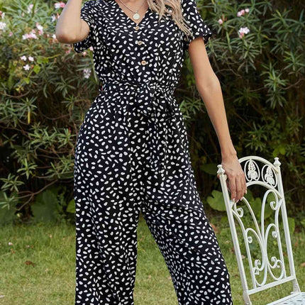 Printed V-Neck Short Sleeve Jumpsuit