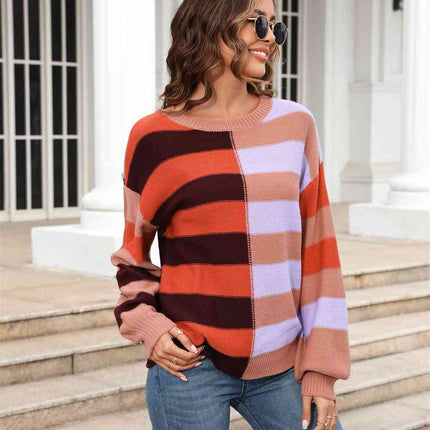 Round Neck Long Sleeve Color Block Dropped Shoulder Pullover Sweater - Vickie Lynn's