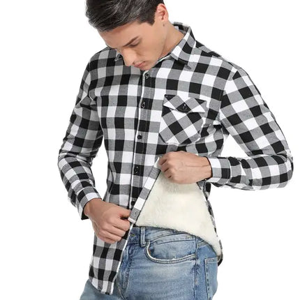 Men's Flannel Plaid Plus Velvet Long Sleeve Shirt