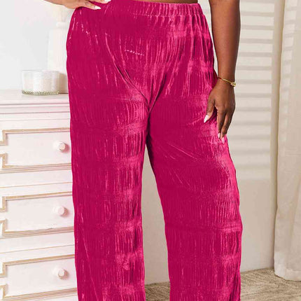 Double Take Full Size High Waist Tiered Shirring Velvet Wide Leg Pants - Vickie Lynn's