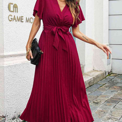 Flutter Sleeve Belted Surplice Midi Dress
