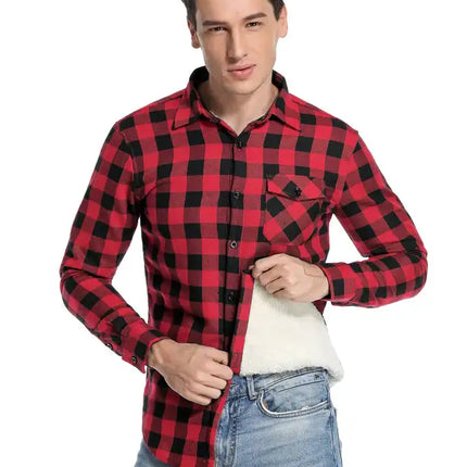 Men's Flannel Plaid Plus Velvet Long Sleeve Shirt