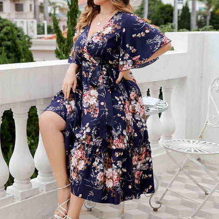 Plus Size Floral Surplice Neck Midi Dress - Vickie Lynn's