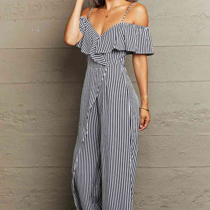 Striped Spaghetti Strap Cold-Shoulder Jumpsuit