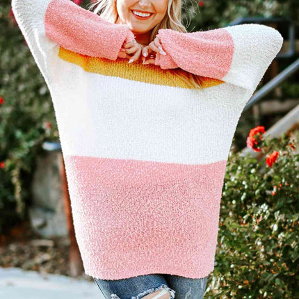 Plus Size Color Block Round Neck Sweater