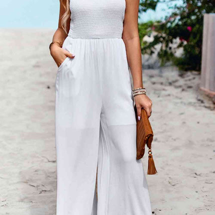 Frill Trim Tie Shoulder Wide Leg Jumpsuit with Pockets