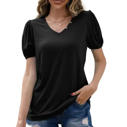 Women's Loose V-Neck Pullover Short Sleeve T-Shirt Solid Color Puff Sleeve Top