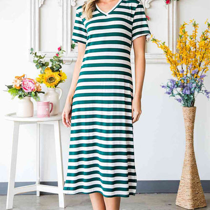 Striped V-Neck Short Sleeve Side Slit Dress