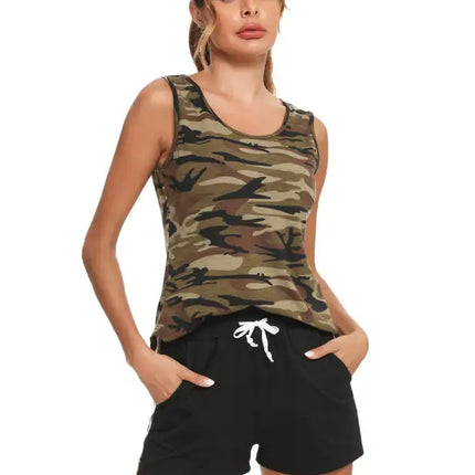 Women's Camouflage Vest And Color Shorts Suit