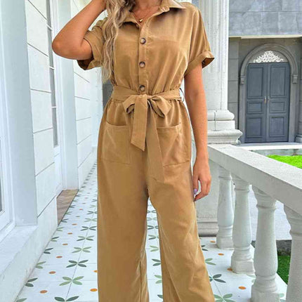 Tie Belt Buttoned Short Sleeve Collared Neck Jumpsuit