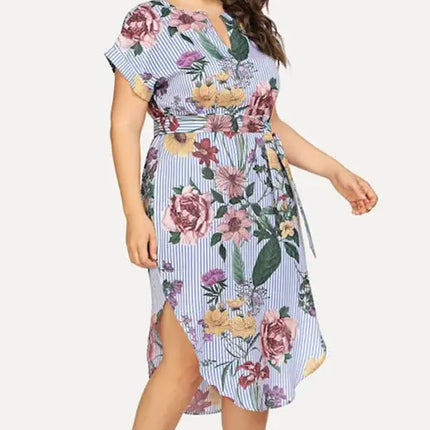 Women's Plus Size Striped V-Neck Short Sleeve Dress