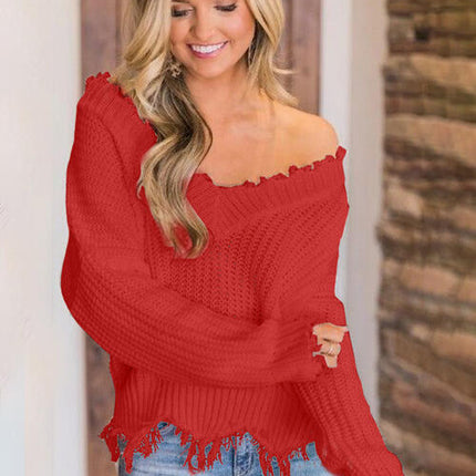 Frayed Hem Dropped Shoulder Sweater