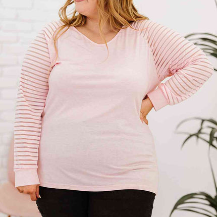 Plus Size Sheer Striped Sleeve V-Neck Top