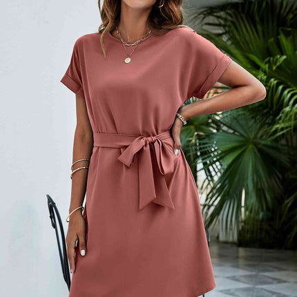 Belted Round Neck Curved Hem Dress