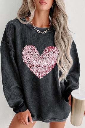 Heart Sequin Round Neck Sweatshirt - Vickie Lynn's