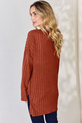 Basic Bae Full Size Ribbed Half Button Long Sleeve High-Low T-Shirt - Vickie Lynn's