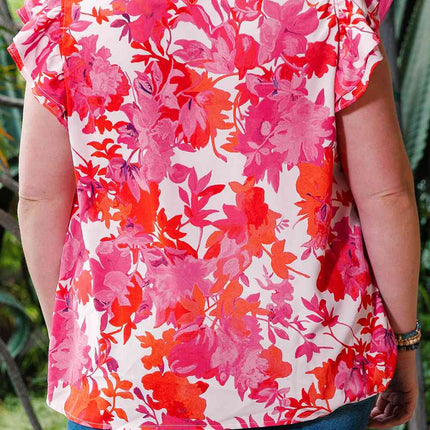 Plus Size Floral Flutter Sleeve Round Neck Blouse