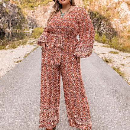 Plus Size Printed V-Neck Tie Front Balloon Sleeve Jumpsuit