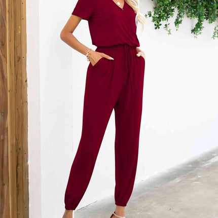 Short Sleeve V-Neck Jumpsuit with Pockets