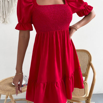Smocked Square Neck Short Sleeve Dress