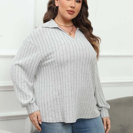 Plus Size Ribbed Collared Neck Long Sleeve Blouse