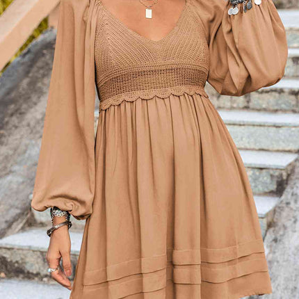 Crochet V-Neck Balloon Sleeve Dress