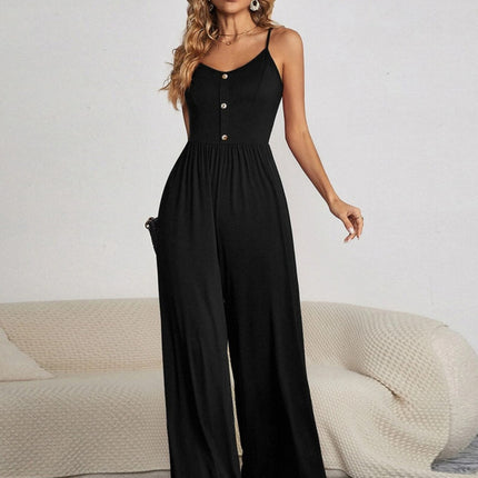 Decorative Button Spaghetti Strap Wide Leg Jumpsuit