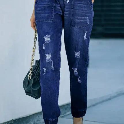 Joggers con bolsillos y cordón desgastado de ajuste relajado Vaqueros rotos 