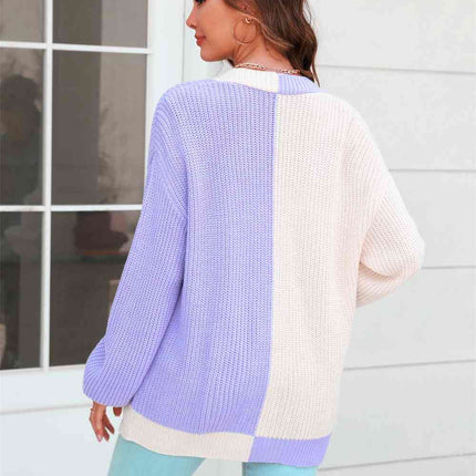 Open Front Contrast Color Balloon Sleeve Cardigan