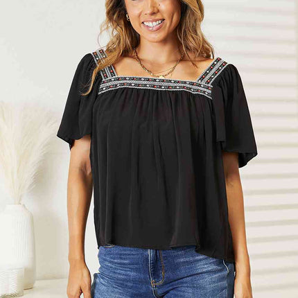Double Take Contrast Square Neck Puff Sleeve Blouse - Vickie Lynn's