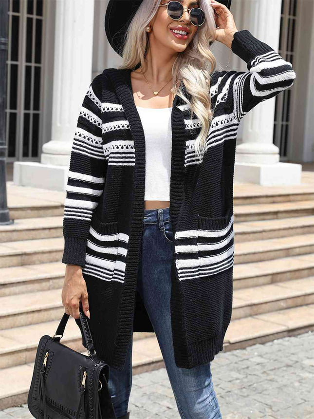 Striped Open Front Hooded Cardigan