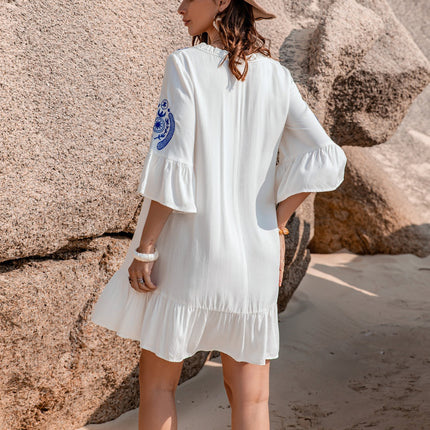 Printed Tie Neck Flounce Sleeve Mini Dress