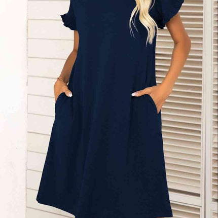 Flounce Sleeve Round Neck Dress with Pockets