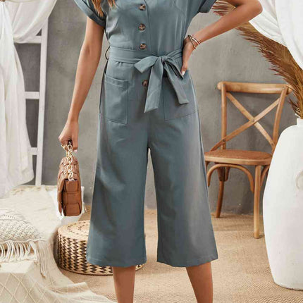 Tie-Waist Buttoned Cropped Jumpsuit