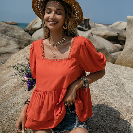 Peplum Square Neck Short Sleeve Blouse