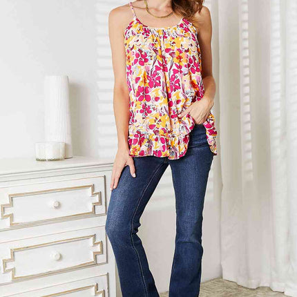 Double Take Floral Scoop Neck Ruffle Hem Cami