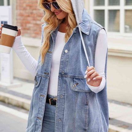 Drawstring Hooded Sleeveless Denim Jacket