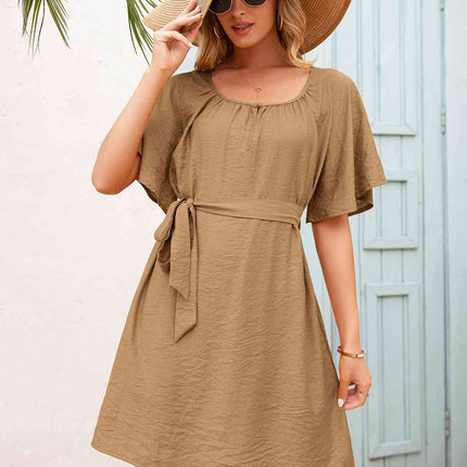 Tie Waist Flutter Sleeve Mini Dress