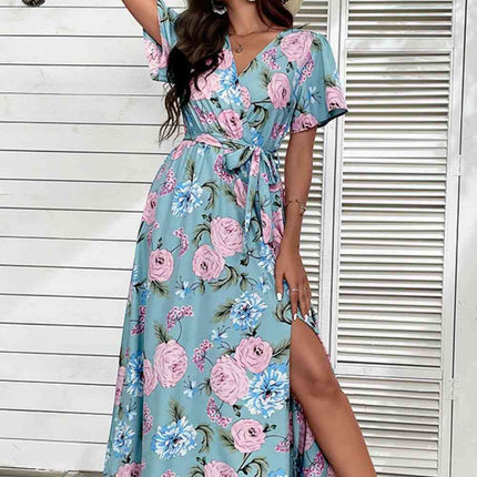Floral Tie-Waist Slit Surplice Maxi Dress