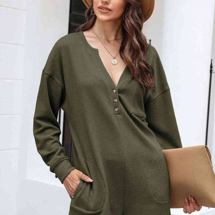 Notched Neck Long Sleeve Romper