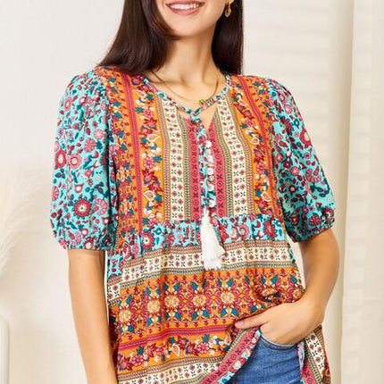 Double Take Bohemian Tassel Tie Puff Sleeve Babydoll Blouse - Vickie Lynn's