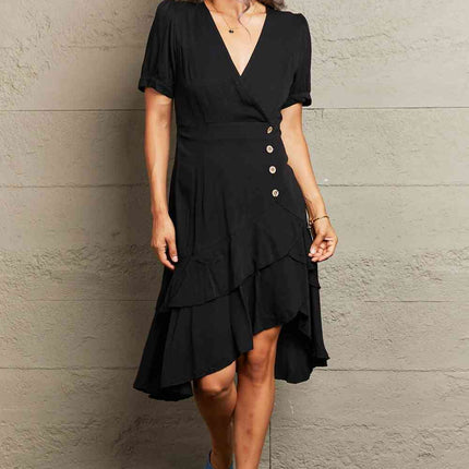Decorative Button Surplice Ruffle Hem Dress