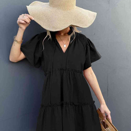 Frill Trim Smocked Tie Neck Dress