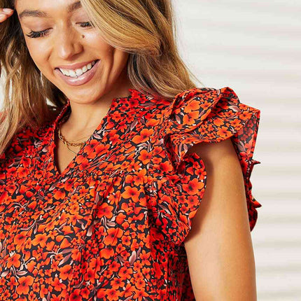 Double Take Floral Flutter Sleeve Notched Neck Blouse
